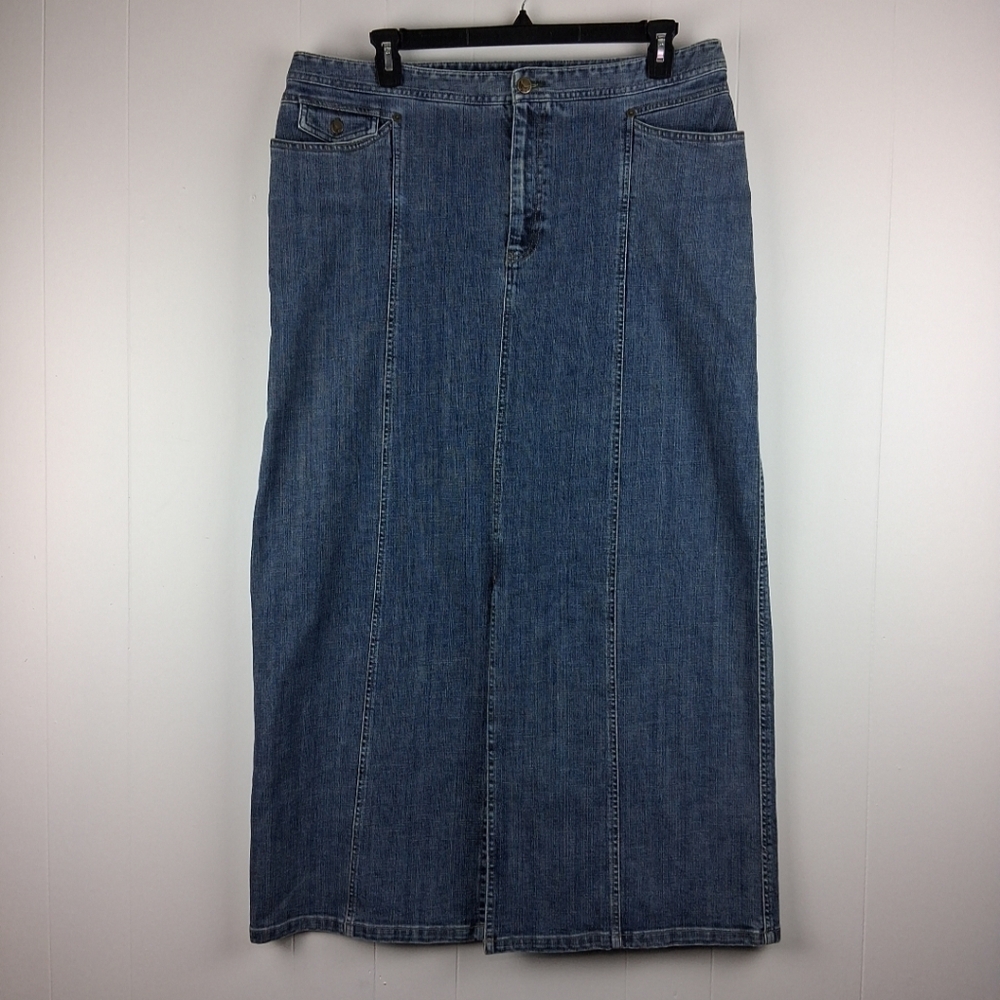 Eddie Bauer Modest Denim Skirt Front Slit 18 Tall Y2K Boho Classic Maxi